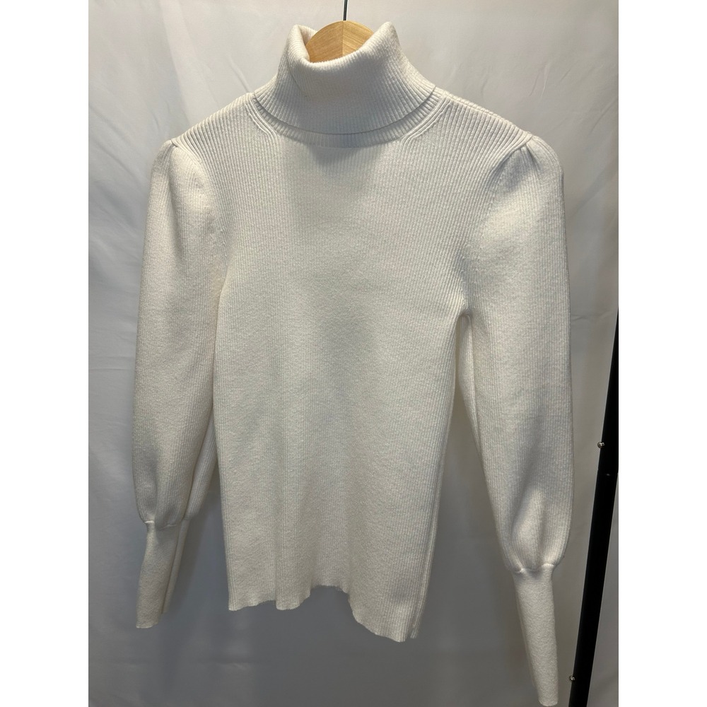 Ann Taylor Turtleneck Women Medium White Good Pearl Cuff Puff Ribbed Sweater